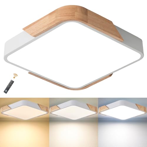 LuFun LED Deckenleuchte Dimmbar 24W,Holz Modern Deckenlampe Wohnzimmerlampe Weiß,Led Lampen Deckenlampen für Wohnzimmer Schlafzimmer Küche Restaurant Badezimmer Büro Balkon Flur, Quadratische 30*30cm von LuFun