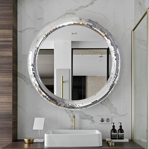 LuHeToz Round Decorative Wall Mirror with Mosaic Glass Frame, Silver (Large) von LuHeToz
