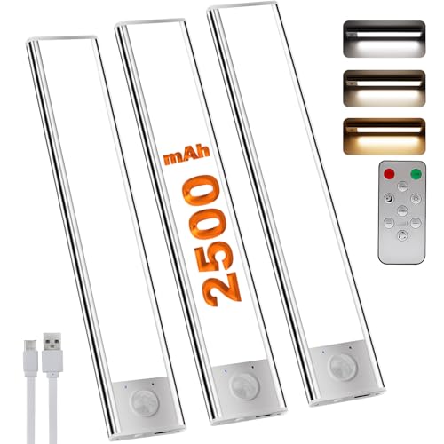 LuJasi Unterbauleuchte Küche Led, Schrankbeleuchtung 20cm mit Fernsteuerung und Bewegungsmelder, 3 Farben Timer USB Wiederaufladbar Unterschrank Beleuchtung für Kleiderschrank Treppe 3 Stück von LuJasi