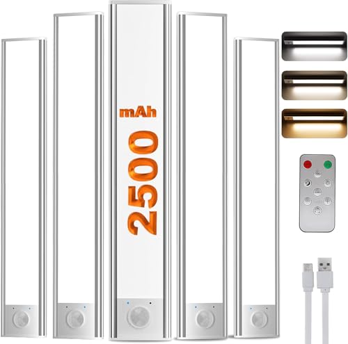 LuJasi Unterbauleuchte Küche Led, Schrankbeleuchtung 20cm mit Fernsteuerung und Bewegungsmelder, 3 Farben Timer USB Wiederaufladbar Unterschrank Beleuchtung für Kleiderschrank Treppe 5 Stück von LuJasi