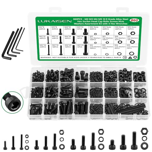 860 Stück M2 M3 M4 M5 Schrauben Set, Schwarz Metrisch Zylinderkopfschrauben Innensechskant Schrauben Muttern und Unterlegscheiben Sortiment Set, Gewindemaschinen Sechskantschrauben von LuKaiSen