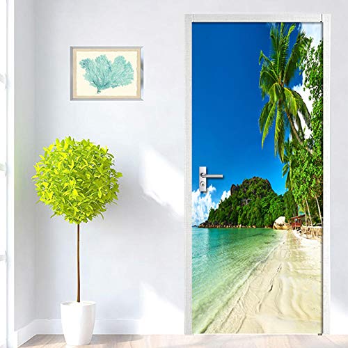 LuSeven 3d tapete Blau Meer Palmen Strand 50x125cm(19.68 inches * 49.21 inches) 3D Bewirken Fototapete Türfolie Poster Tapete Abnehmbar Wandtapete für Wohnzimmer Küche Schlafzimmer von LuSeven