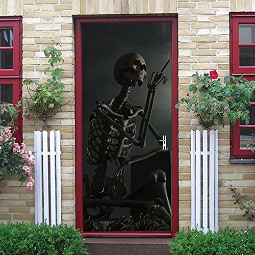 LuSeven fototapeten Totenkopf schwarz Horror 80x200cm(31.49 inches * 78.74 inches) Türtapete Selbstklebend Türposter 3D PVC Türtapeten Innentür Fototapete Tür Dekoration 3D Türaufkleber Türtapete von LuSeven