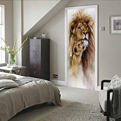 LuSeven selbstklebende tapete 3d Naturtier Löwe 90x200cm(35.43 inches * 78.74 inches) 3D Türaufkleber PVC Selbstklebende Wasserdichte Abnehmbare Art Decals für Dekoration Wandbild Diy Wandaufkleber von LuSeven