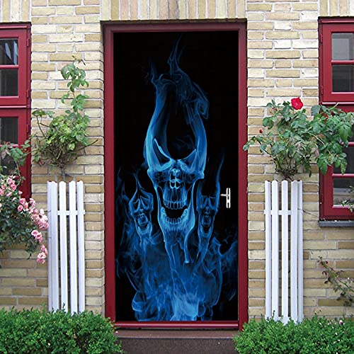 LuSeven tür poster Blau Totenkopf Rauch 50x125cm(19.68 inches * 49.21 inches) 3D Türaufkleber PVC Selbstklebende Wasserdichte Abnehmbare Art Decals für Dekoration Wandbild Diy Wandaufkleber von LuSeven