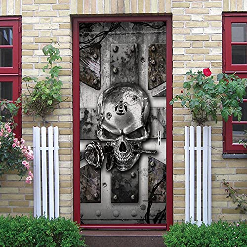 LuSeven türaufkleber 3d Silber Totenkopf Rosen 50x125cm(19.68 inches * 49.21 inches) 3D Tür Aufkleber Vinyl Wand Korridor Selbstklebend Abnehmbare Tapete Aufkleber Innentüren Schlafzimmer Wohnzimmer A von LuSeven