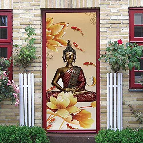 LuSeven türfolie Buddha Skulptur Blume Goldfisch 50x125cm(19.68 inches * 49.21 inches) Türtapete Selbstklebend - Türaufkleber 3D TürPoster Selbstklebend Wandbild - 3D Türaufkleber Türfolie Vor Dem Mee von LuSeven