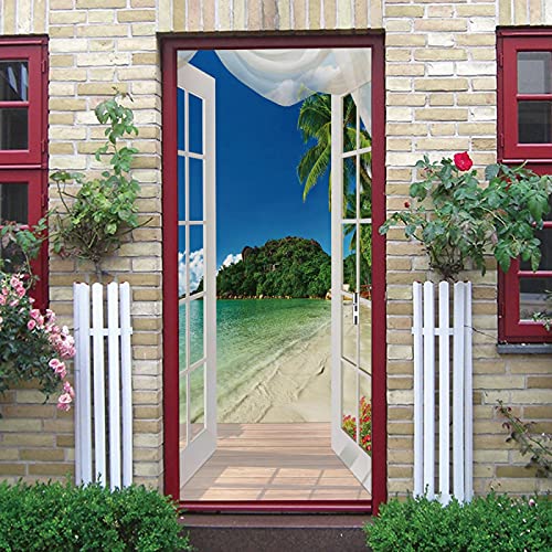 LuSeven türposter selbstklebend Fenster Meer Strand Kokospalmen 85x215cm(33.46 inches * 84.64 inches) 3D Türaufkleber Türtapete Kleister Fototapete Tapete Badezimmer Wandbild Türtapete Selbstklebend D von LuSeven