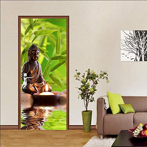 LuSeven türtapete günstig Buddha Kerze Bambusblätter Wasser 50x125cm(19.68 inches * 49.21 inches) Türaufkleber selbstklebendes Türbild -Türtapete Selbstklebend 3D Türaufkleber Wasserdichte Tapete von LuSeven