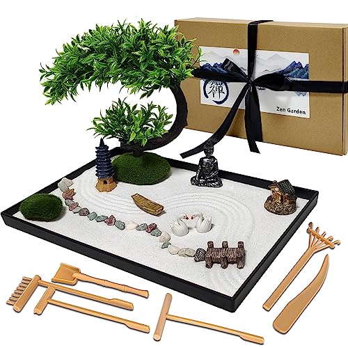 LuXianYS Japanischer Zen-Garten für den Schreibtisch,12x8 Zoll Home Zen Garten Set,Japanisches Zen Sand Garten Miniatur Geschenk Set Mini-Zen-Garten für zu Hause, Büro Ornament von LuXianYS