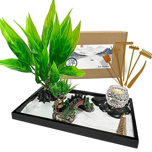 LuXianYS Zen Garten Set 12x8 Zoll, Japanischer Zen-Garten, Kerzenhalter aus Zen-Gartenkiesel,Zen-Garten - Holz - schwarz, Japanisches Zen Sand Garten Miniatur Geschenk Set,Mini-Zen-Garten mit Sand von LuXianYS