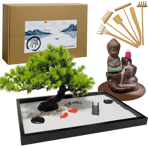 LuXianYS Zen Garten Set, Handgefertigtem Zen Garten Backflow Incense Burner,Zen Sand Miniatur Geschenk Set, Japanischer Zen-Garten,Zen Steine Garden,Mini-Zen-Garten mit Sand, künstliche Bonsai-Baum von LuXianYS