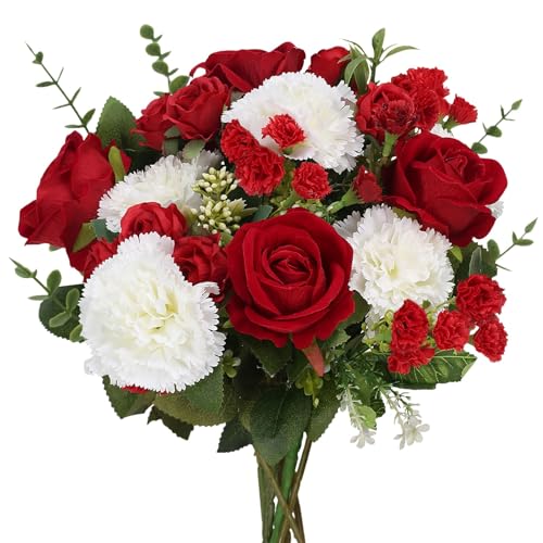 Luabue Künstliche Blumenstrauß Künstliche Blumen Rot Rosen Seidenblumen Weiße Nelkenblume Blumensträuße für Hochzeit Parteien Valentinstag Muttertag Dekoration Tischdeko Brautstrauß von Luabue