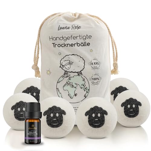 Trocknerbälle für Wäschetrockner -100% Schafwolle, Öko-Freundlicher Weichspüler, Sparen Sie Zeit & Energie, Vielseitige Anwendung - Perfekt Trockenball für Daunen - Tennisbälle zum Waschen - Set 6 Stk von Luana Rose