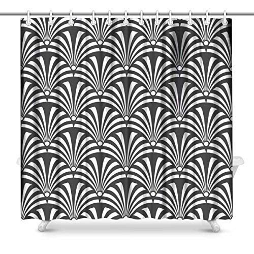 Schwarz und Weiß Art Deco Pfau Polyester Bad Duschvorhang von Luancrop