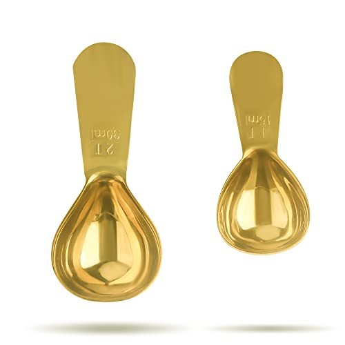 Gold Edelstahl Kaffeelöffel-Set, 1 Löffel (15 ml) und 1 Löffel (30 ml), goldener Messlöffel für Kaffee, Milchpulver, Fruchtpulver, 2er Pack (kurz, gold) von Lubsmuns