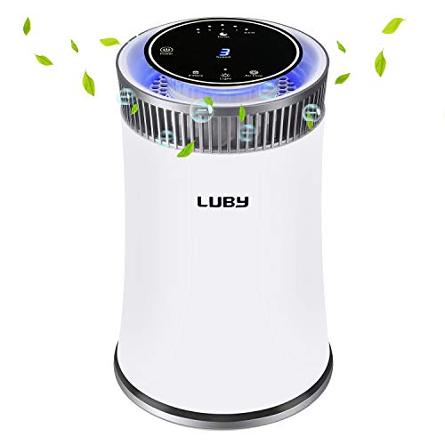 Luby Luftreiniger Air Purifier mit HEPA-Filter, 5 Geschwindigkeiten, 8H-Timer, Nachtlicht, Tragbarer Luftfilter für Staub, Raucher, Pollen, Hautschuppen, Heuschnupfen, Geruch, White von Luby