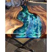 Benutzerdefinierte 3D Wawes Dark Walnut Smaragdgrün Blau Ozean Epoxy Tisch -Live Edge-River Table-Esstisch - Couchtisch-Sea Table-%100 Handmade von LucarellaWoods