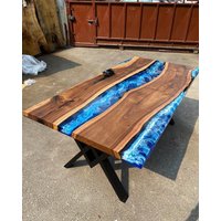 Spezialanfertigung 3D Dunkel Nussbaum Blau Fluss Epoxy Tisch - Esstisch Küche Und Couchtisch-Bürotisch-Geschwungener Rand -%100 Handmade von LucarellaWoods