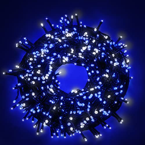 Luccika LED-Lichterkette, 8 Lichtspiele, Grünes Kabel, 31V, Innen- und Außenbereich (Kaltweiß + Blau, 5M 100LED) von Luccika