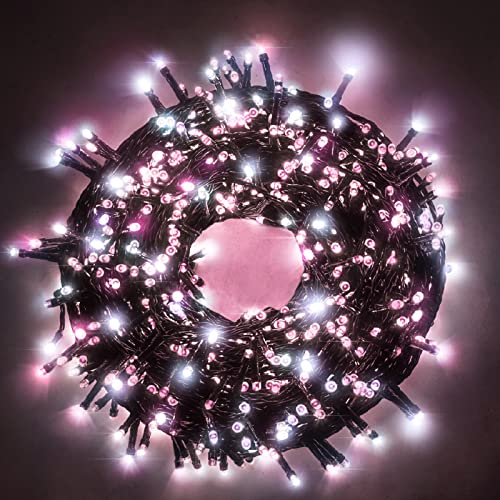 Luccika LED-Lichterkette, 8 Lichtspiele, Grünes Kabel, 31V, Innen- und Außenbereich (Kaltweiß + Rose, 25M 500LED) von Luccika