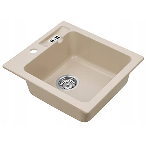 Luccio Granit Spüle Einbauspüle Spültisch Spülbecken eckig inkl. Ablaufgarnitur, Korbventil, Siphon und Schablone in Beige von Luccio
