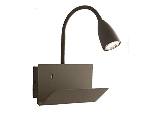 Flexible USB LED Leselampe in Braun - multifunktionale Wandleuchte mit Schalter, Ablage & Ladefunktion von Luce Design