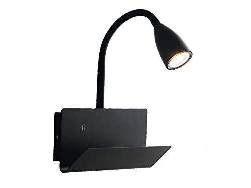 Flexible USB LED Leselampe in Schwarz - multifunktionale Wandleuchte mit Schalter, Ablage & Ladefunktion von Luce Design