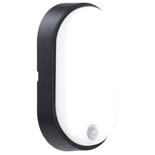 Luceco LED Eco Außenleuchte 10W Oval, Außenlampe mit PIR Bewegungssensor, Wandleuchte IP54 Wasserfest, Schwarz und Weiß Dekorring von Luceco