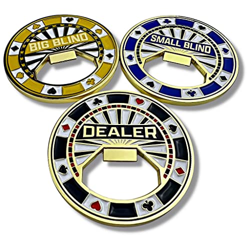 Luck Lab Set mit 3 Metall-Flaschenöffner-Knöpfen, Händler-Taste, Big Blind und Small Blind Metallgewichte (Positionsmarkierungen) für Texas Hold Em, 5,1 cm von Luck Lab