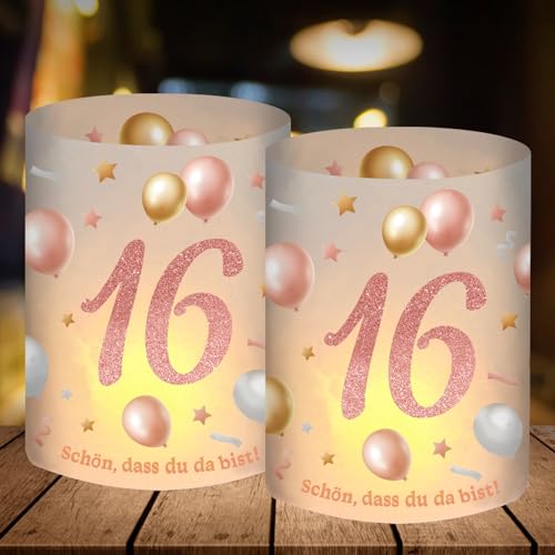 12 Windlicht Tischdeko 16 Geburtstag, Deko 16 Geburtstag Mädchen, Geburtstagsdeko 16 Mädchen, 16 Jahre Happy Birthday Tischdeko Rosegold, Geeignet für Teelichter oder Kerzen von Luckeey