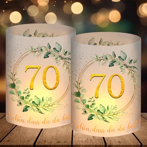 12 Windlicht Tischdeko 70 Geburtstag, Eukalyptus Deko 70. Geburtstag Frau Mann, Geschenke zum 70 Geburtstag, 70 Jahre Happy Birthday Tischdeko Grün, Geeignet für Teelichter oder Kerzen von Luckeey
