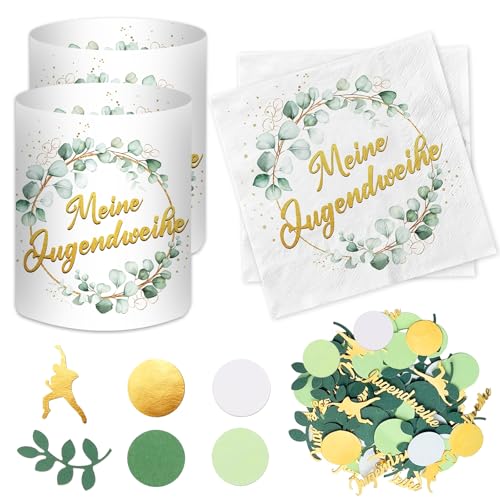 Luckeey 20 Stück Servietten + 12 Stück Windlichter + 100 Konfetti - Jugendweihe Deko Mädchen & Junge 2025 - Eukalyptus Grün & Gold - Party Deko & Geschenke von Luckeey