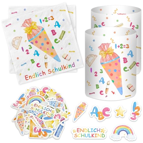 20 Stück Servietten Einschulung + 12 Windlicht + 50 Konfetti Streudeko Tischdeko, Endlich Schulkind 2025 Deko, Schulanfang Deko Junge Mädchen, Schuleinführung Geschenk, Einschulungsdeko mit Schultüte von Luckeey