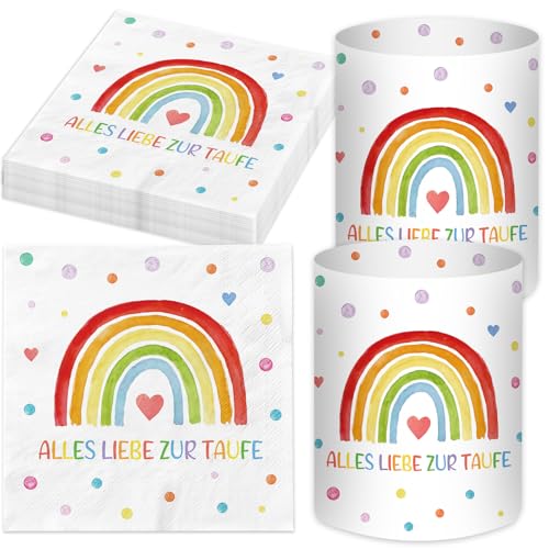 20 Stück Servietten Taufe+ 12 Stück Windlicht Tischdeko, Taufdeko Deko Mädchen Junge Regenbogen, Taufe Geschenke Gastgeschenk, Taufgeschenke für Mädchen, Party Deko Set von Luckeey