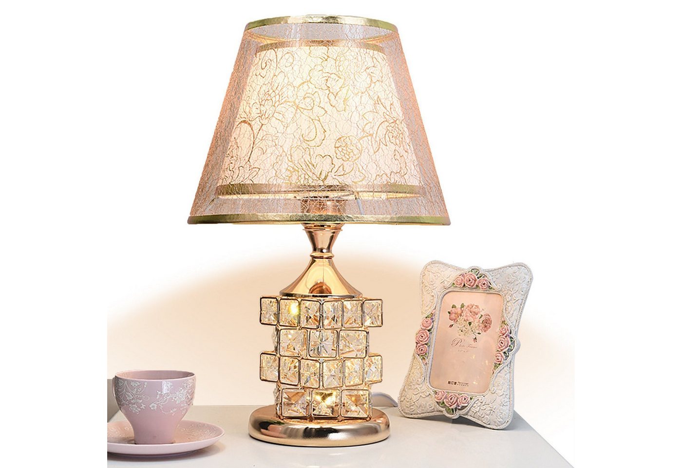 Luckice LED Nachttischlampe Schlafzimmerlampe,Gold Tischlampe Vintage,LED Teichleuchte, LED wechselbar, Knopfschalter,einfach zu bedienen.Kristallbasis,High-End-Luxus, tischlampe wohnzimmer/tischlampe schlafzimmer /tischlampe gold von Luckice