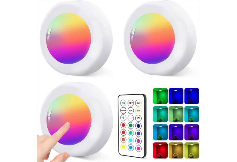 Luckice Unterschrankleuchte 3 Stück Batteriebetrieben LED RGB Spots mit Fernbedienung, 13 Farbwechsel Kabellos Vitrinenbeleuchtung, Dimmbar Unterbauleuchte Küche LED Lampe zum Kleben Schranklicht, Nachtlicht mit Fernbedienung und Timing-Funktion von Luckice