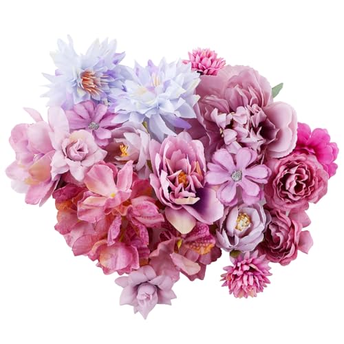 Luckwaii Blumen Deko Kunstblumen Köpfe, Künstliche Blumen Seidenblumen Mischen Sie Dahlienrosen Fake Flowers Blumen für Torte DIY Basteln Scrapbooking Hochzeit Party Home Handwerk Deko（Lila） von Luckwaii