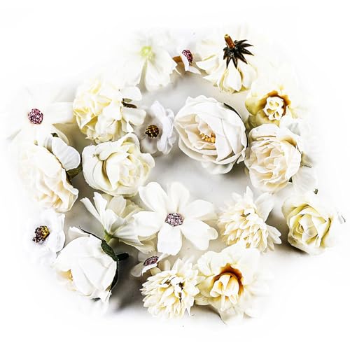 Luckwaii Kunstblumen Köpfe Blumen zum Basteln, 20 Stück Künstliche Blüten Blumenköpfe Seidenblumen kunstblütenkopf Masse Mix für DIY Basteln Scrapbooking Hochzeit Party Blumen Deko Torte Deko Weiß von Luckwaii