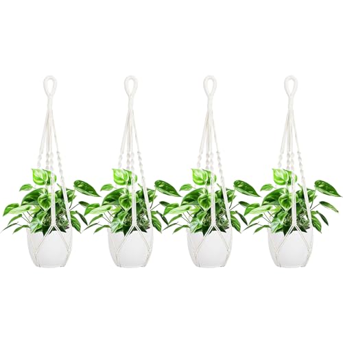Luckwaii Makramee Blumenampel Blumentopf Hängend, 4 Stück Baumwollseil für Hängepflanztopf Pflanzen Aufhängung, Beige Hängeblumentopf für Innen Außen Garten Wohnzimmer Balkone Deko zum Aufhängen(85cm) von Luckwaii
