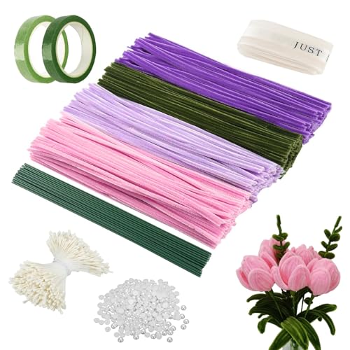 Luckwaii 500 Pfeifenreiniger zum Basteln Set, 400 Stück Pfeiffenreiniger Chenilledraht in 4 Farben mit 100 Blumendraht 2 Kreppband Bänder Staubblätter Blumen Perlen für Pfeifenputzer Blumenstrauß DIY von Luckwaii