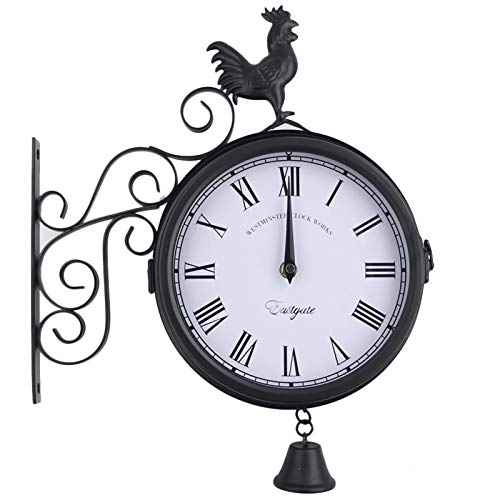 Luckxing Bahnhofsuhr Doppelseitig Retro Vintage Stil Schmiedeeisen Quarz Uhrwerke Ziffern Groß Wanduhr Bahnhofs Uhr, Schwarz Zweiseitige Wanduhr Vintage Mit Cockerel Décor Und Bell von Luckxing