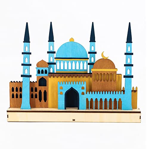 Luckxing Ramadan Deko Holz Ornamente, 3D Moschee Schloss LED Islamischer Palast Eid Mubarak Deko Durchbrochene Halbmond Star Hängende Ornamente Eid Islam Muslim Deko EID Nachtlichter von Luckxing