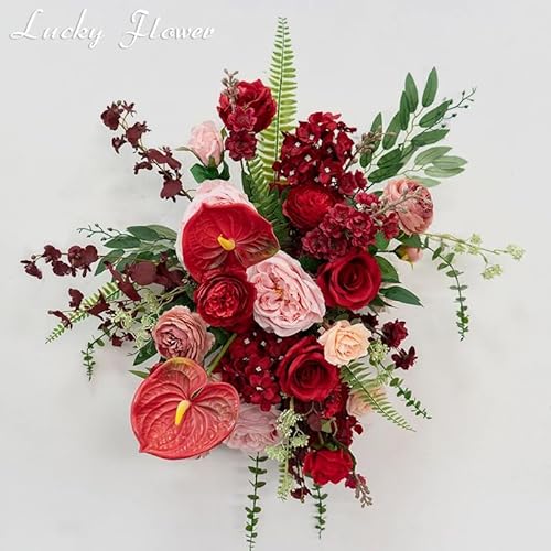 Lucky Flower Rot Greenery Künstliche Blumen Set Straße Führende Blume Ball Hochzeit Dekoration Blume Reihe Hängende Blume Reihe Bühne Arrangement (40x55cm Row) von Lucky Flower