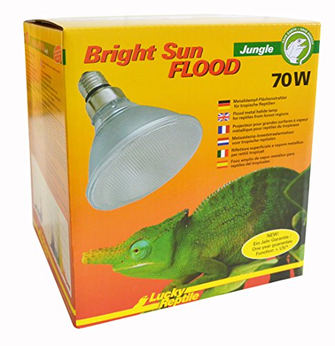 Lucky Reptile Bright Sun Flood Jungle - 70 W Metalldampflampe für E27 Fassungen - Terrarium Lampe mit Tageslichtspektrum - Wärmelampe mit UVA & UVB Strahlung - UV Lampe für tropische Reptilien von Lucky Reptile