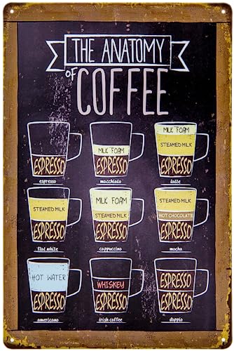 30 x 20 cm - Retro Küchen Blechschild - Kaffee, Espresso, Capucchino, Caffe Latte, Küchen Deko Schild, Übersicht, Poster, Erklärung, Rezept (Kaffee Anatomie) von LuckyLinde