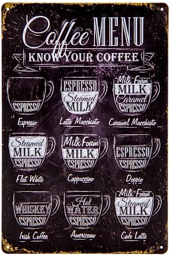 30 x 20 cm - Retro Küchen Blechschild - Kaffee, Espresso, Capucchino, Caffe Latte, Küchen Deko Schild, Übersicht, Poster, Erklärung, Rezept (Menu – I know your Coffee) von LuckyLinde