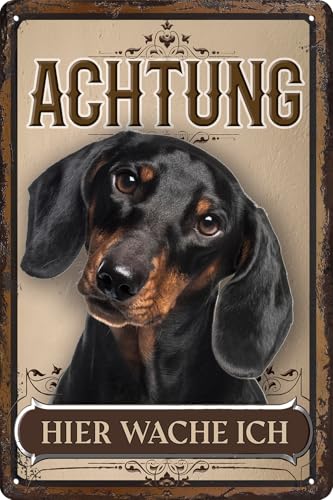 30 x 20 cm wetterfestes Blechschild, Warnhinweis, Torschild, Achtung, hier Wache ich! Warnung vor dem Hund (Dackel schwarz) von LuckyLinde