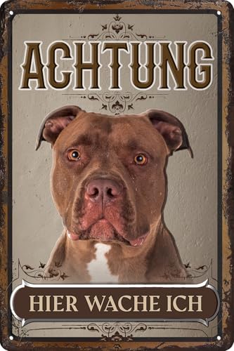 30 x 20 cm wetterfestes Blechschild, Warnhinweis, Torschild, Achtung, hier Wache ich! Warnung vor dem Hund (Pitbull Braun) von LuckyLinde
