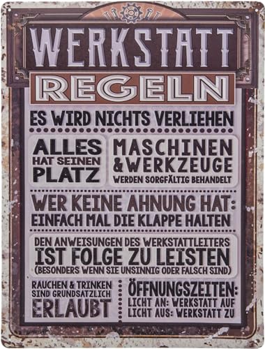 LUCKYLINDE XL Blechschild für WERKSTATT und GARAGE – lustiger Spruch, Werkstattregeln, Handwerker und Schrauber Deko Schild, 30x40cm (Regeln) von LuckyLinde